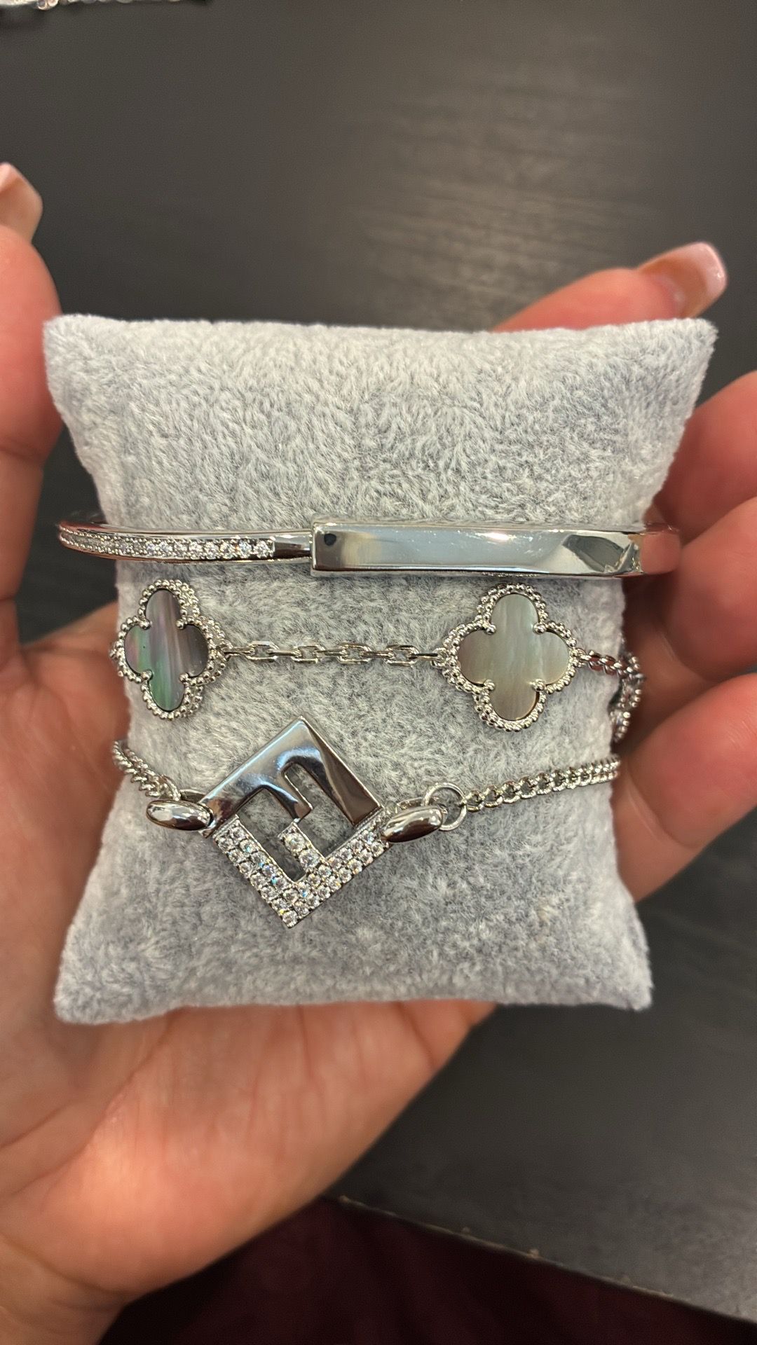 Three-piece, silver stack, bracelets, and bangles inspired dupes FF VCA AND TIFFANY