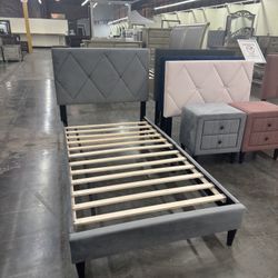 Twin Size Grey Velvet Bed W Ortho Mattress