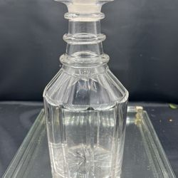 Antique 3 Ring French Cut Glass Panel Faceted Decanter Bottle with Stopper