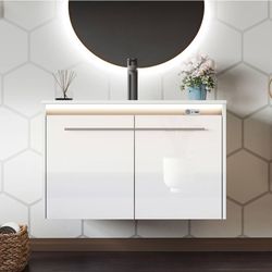 AMERLIFE 31" LED Floating Bathroom Vanity with Sink, High Gloss Single Sink Wall Mounted Bathroom Storage Vanity Cabinet, Modern Bathroom Sink Cabinet