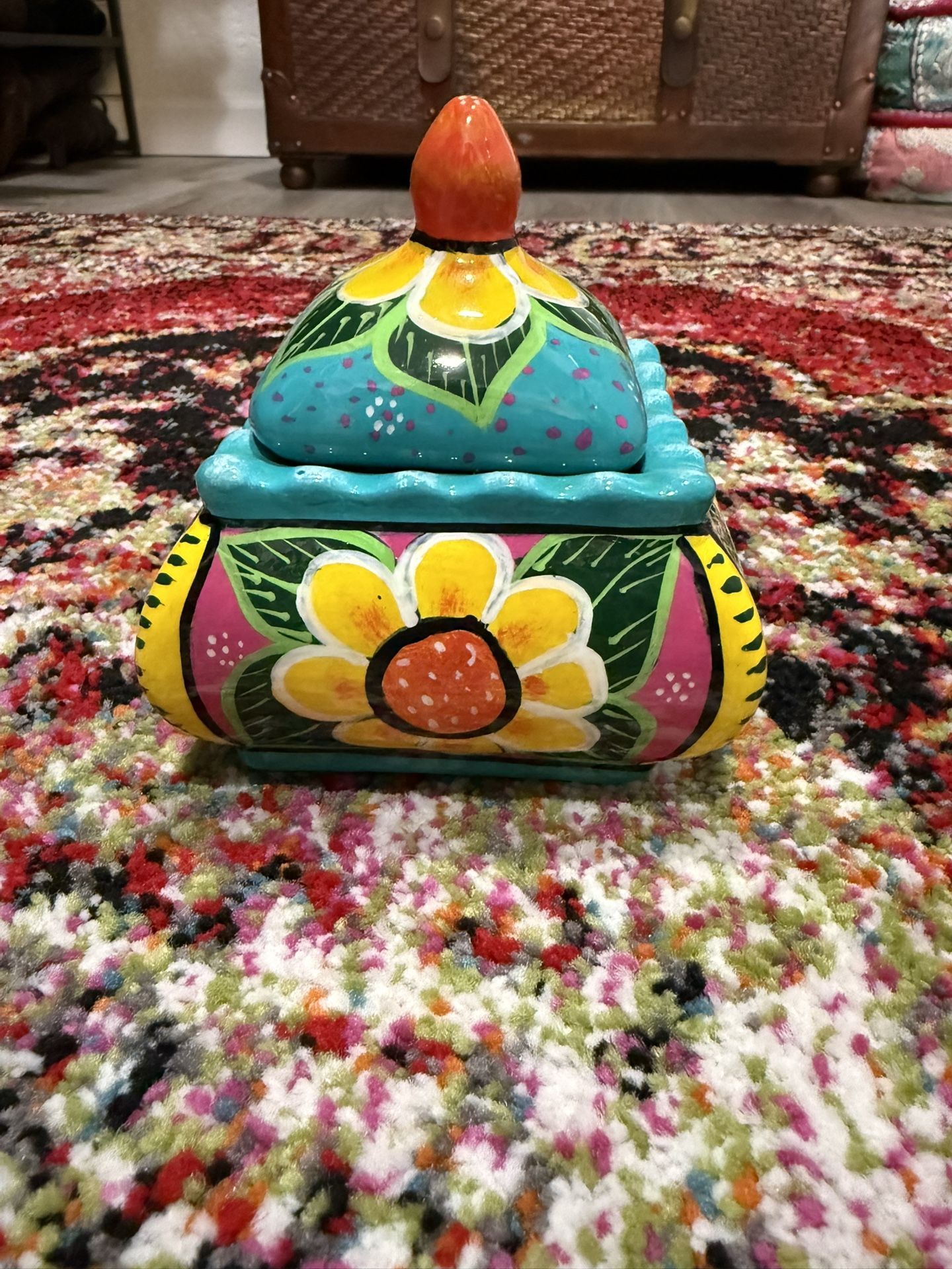 MEXICAN TALAVERA STYLE POTTERY Colorful FLORAL Square TRINKET DISH ~5" H