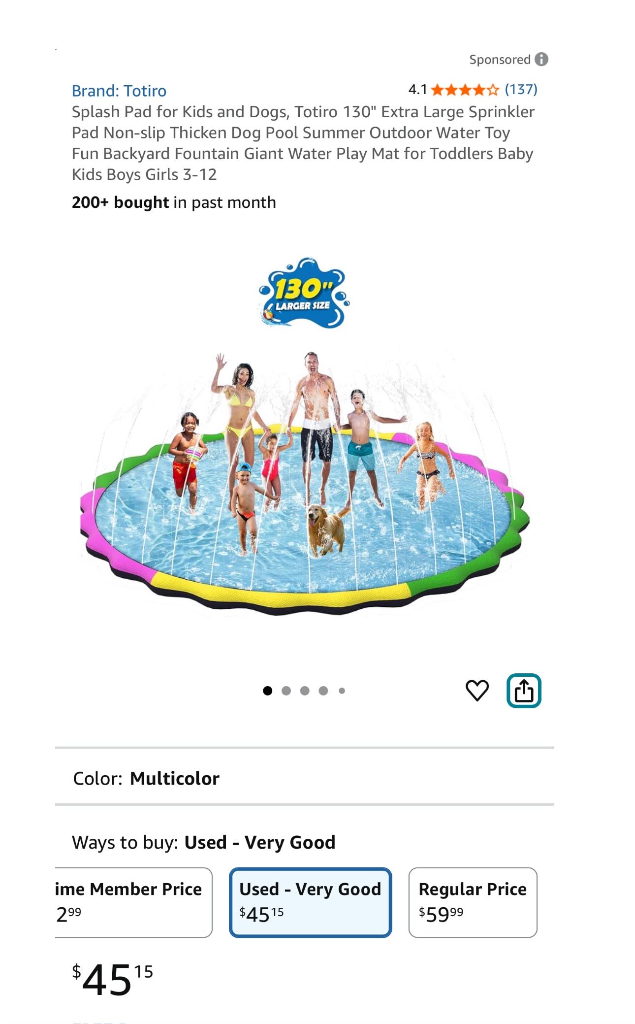 Splash Pad for Kids and Dogs, Totiro 130" Extra Large Sprinkler Pad Non-slip Thicken Dog Pool Summer Outdoor Water Toy Fun Backyard Fountain Giant Wat
