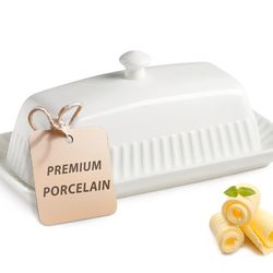 Ceramic Butter Dish W/Lid, White Container W/Porcelain Cover Knob Handle Striped