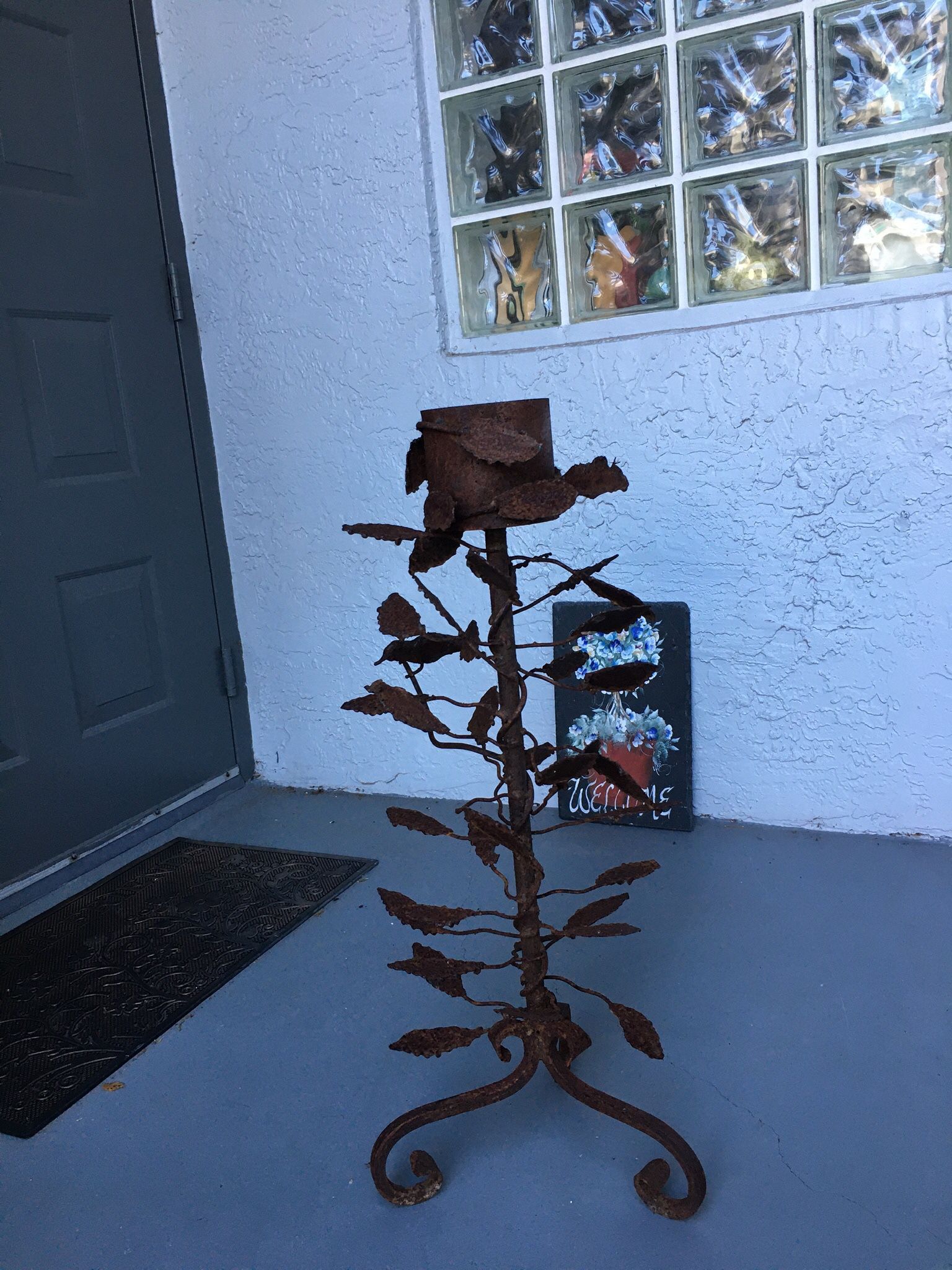 Rusted Plant Stand Very Heavy Plant Holder With Leaves  30” X 15”