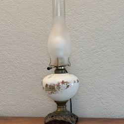 Antique Hurricane Gone With The Wind Style Lamp – Hand Painted Milk, Glass, And Brass