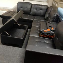 Brand New Black Faux Leather Sectional Sofa w/Storage Chaise & Ottoman (New In Box) 