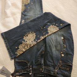 New DKNY So-Low-Lita Bedazzled Jeans, Size 12, Gold Glitter, Chain Belt