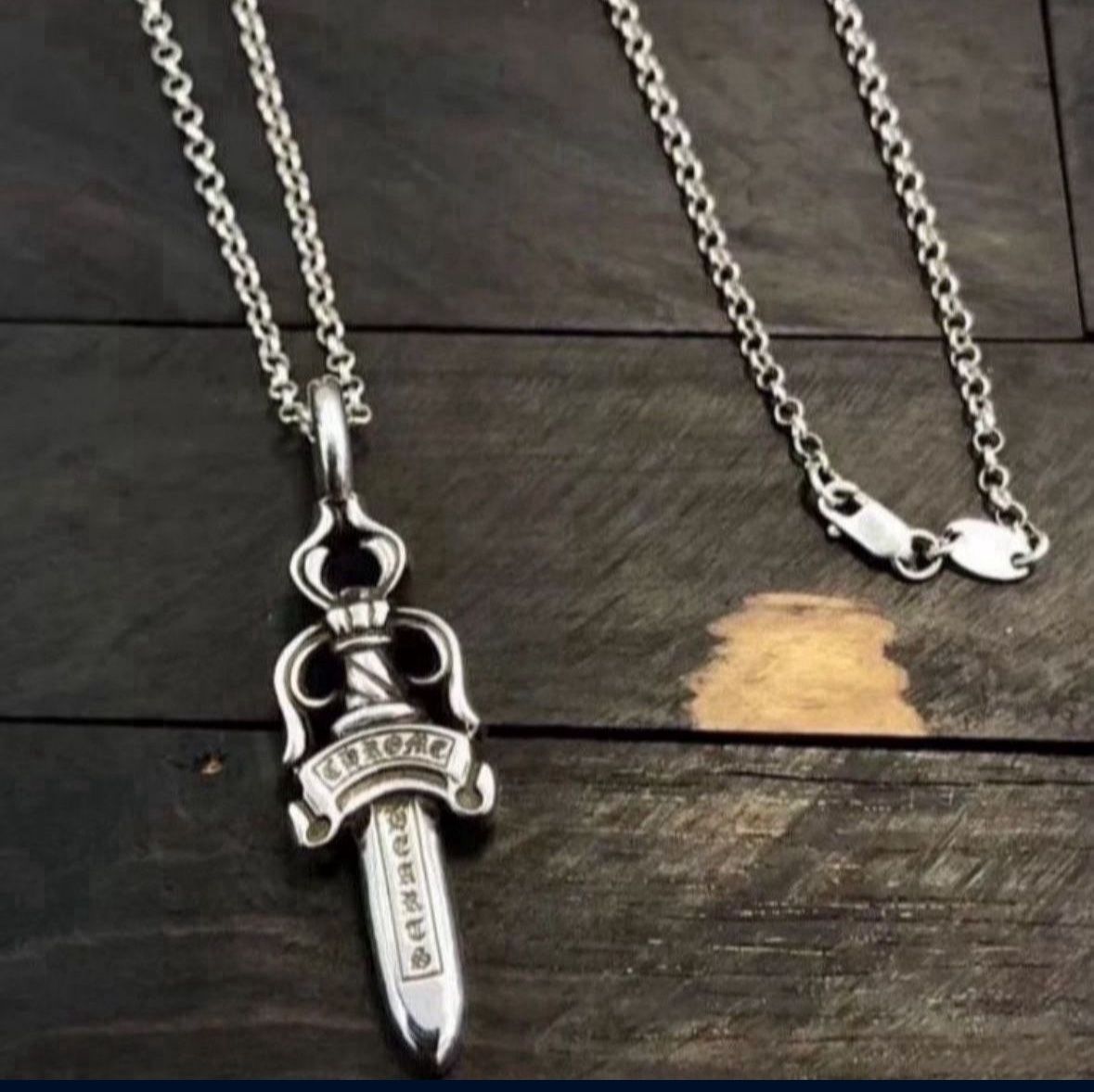 Chrome Hearts Style Small Dagger Pendant (Approx 1 1/2” X 1/2”) With 23” Link Chain Necklace, Stainless Steel