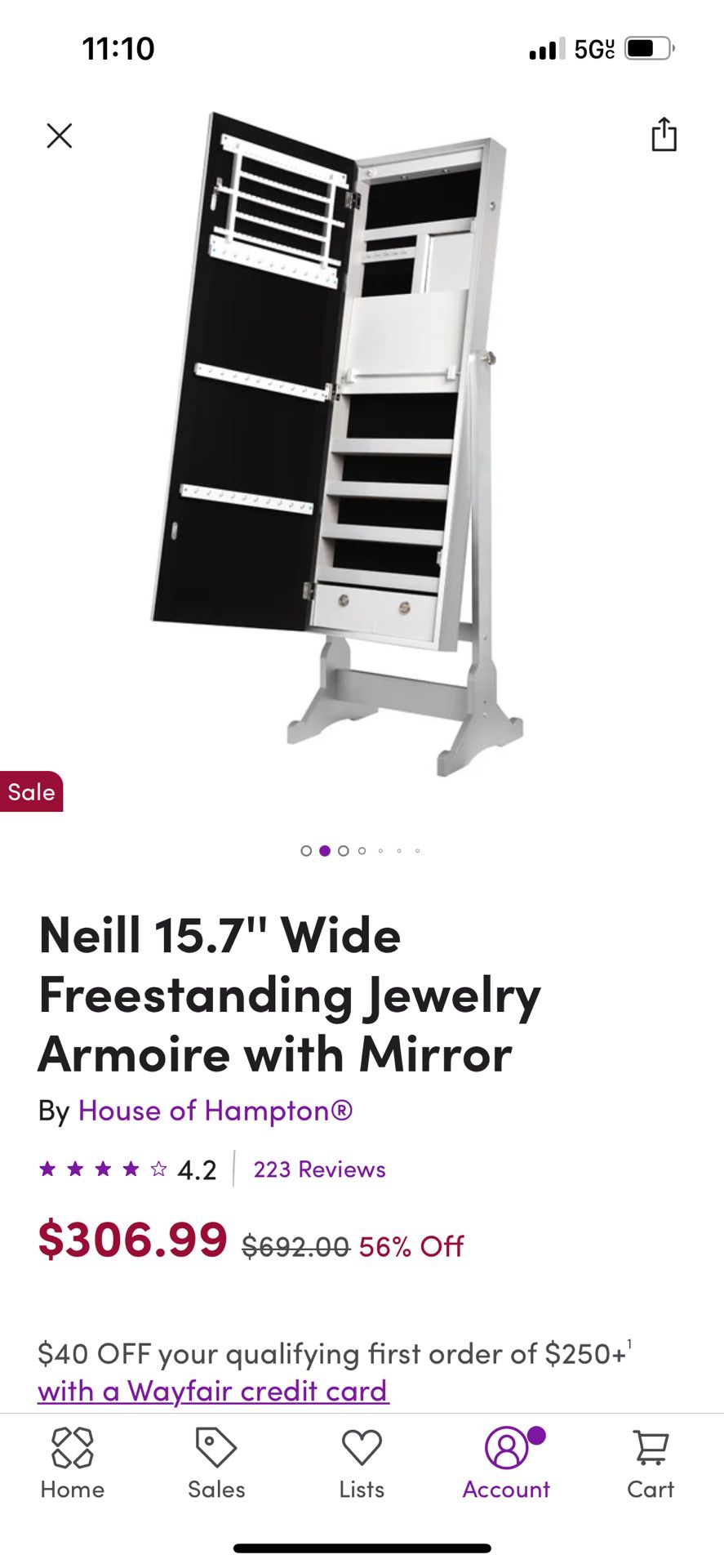 Neill 15.7 Wide Freestanding Jewelry Armoire With Full length Mirror 
