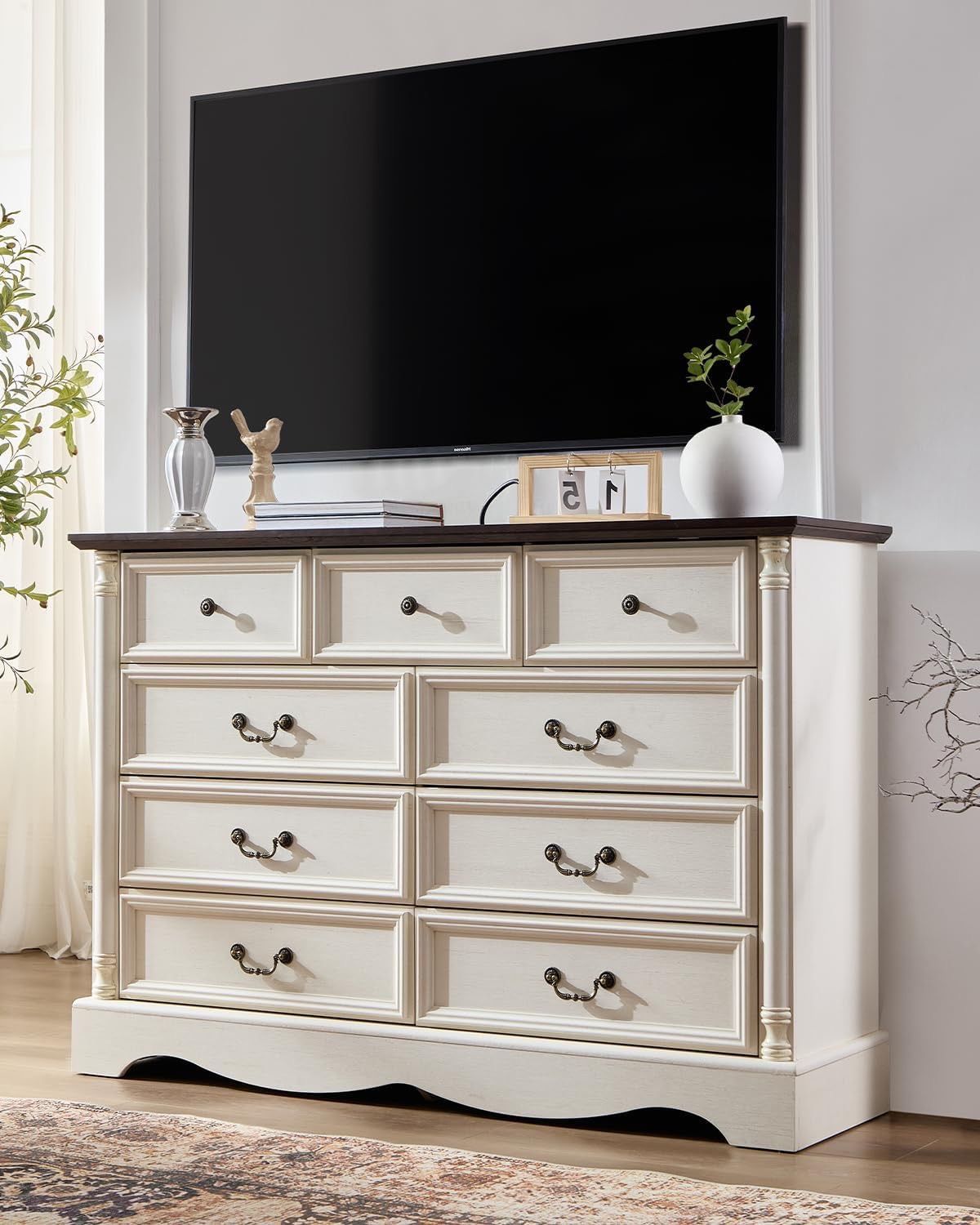 9 Drawers Dresser,54" Wide Farmhouse Chest of Drawers with Charging Station,Distressed Finish Design