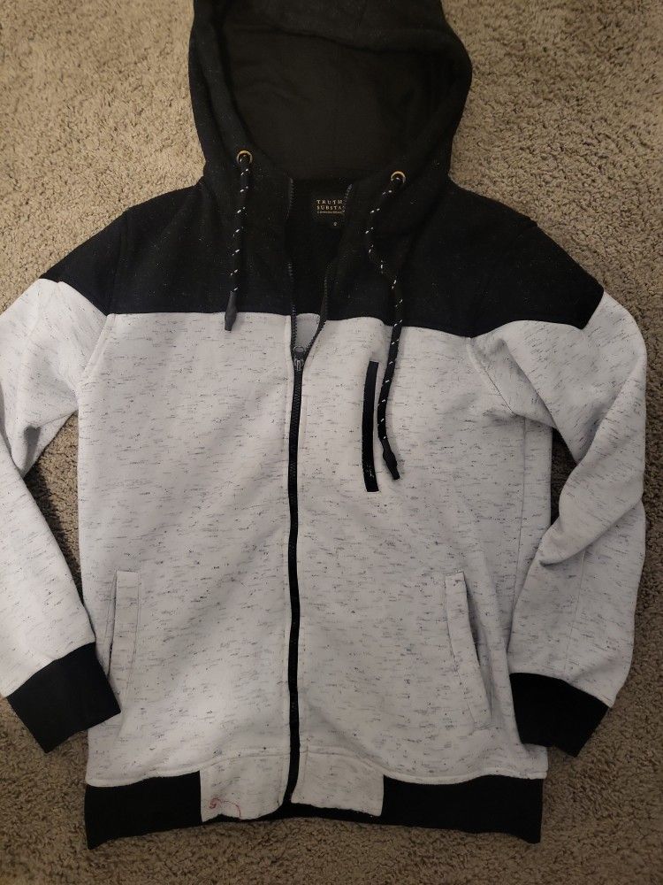 "Men's Full-Zip Hoodie - Black & Light Gray Colorblock."