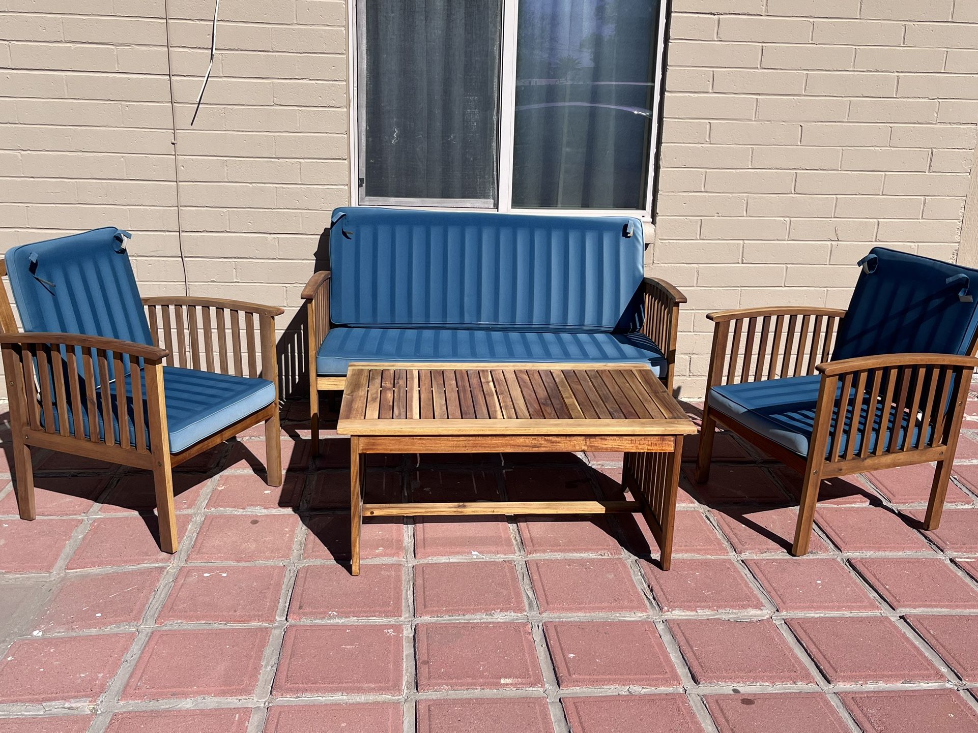 Patio Set Bench 2 Chairs Coffee Table And Cushions
