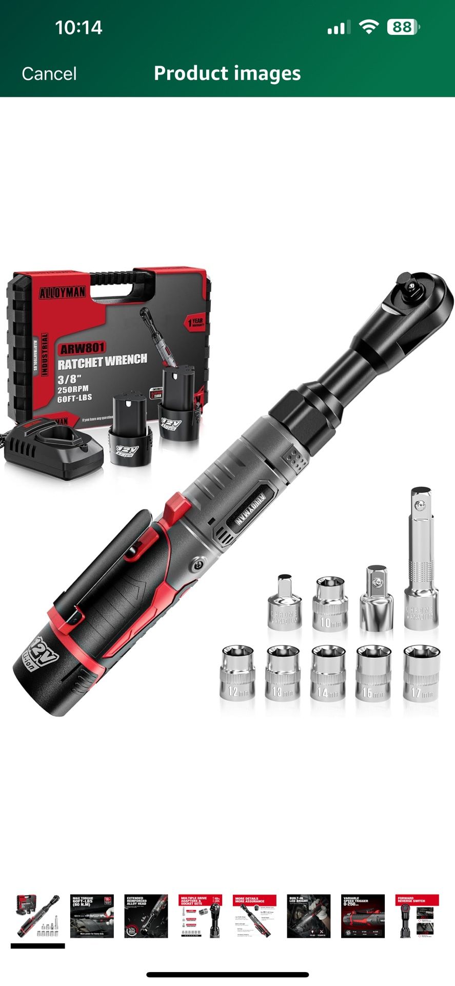 Alloyman 3/8" Cordless Ratchet Wrench Set, 60FT-LBS(80N.m) Electric Ratchet, 12V Extended Power Socket Wrench Set with Variable Speed, 6 Sockets, LED 