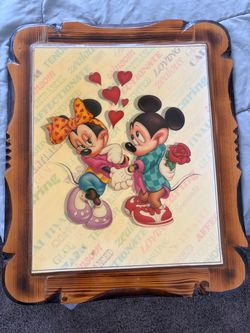 Vintage 1990s Mickey & Minnie Romantic Wall Art – Large Wood Frame