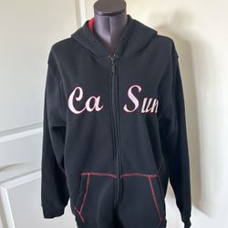 Woman zip up hoodie jacket size M Black jacket featuring red graphic “CA SUN” zipper front closure, side pockets, long sleeve, polyester/Ramie blend f
