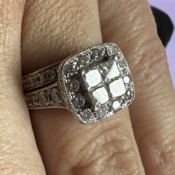 14 Karat White Gold, Diamond Cluster Wedding Ring, And Band