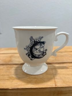 Anthropologie Missus Monogram C Pedestal Mug Footed Tea Cup Coffee Bird Floral