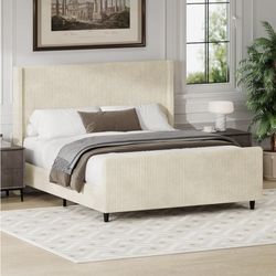 Queen Bed Frame Corduroy Upholstered Platform Bed Frame Queen Size with 50.7" Tufted Headboard and Footboard
