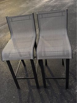 Pair of Modern Gray Sling Bar Stools – Black Metal Frames