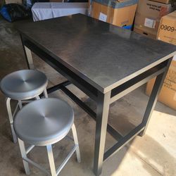 Crate & Barrel CB2 "Belmont Table w/ Stainless  Steel Top & 2 Swivel Stools"