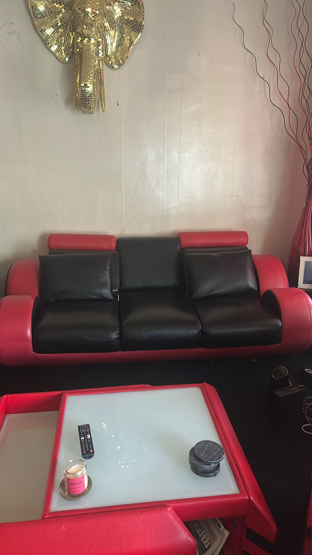 3piece Furniture Set Red And Black Leather W Matching Table That Lights Up
