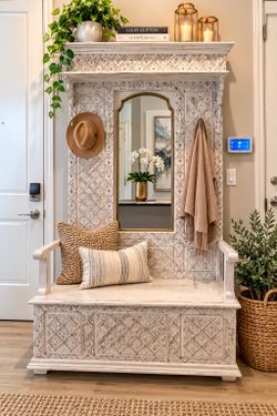 Farmhouse Hall Tree | Entryway Bench with Storage, Mirror & Coat Hooks
