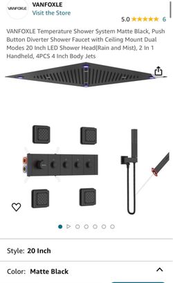 Temperature Shower System Matte Black, Push Button Diverter Shower Faucet 20 inch LED shower head