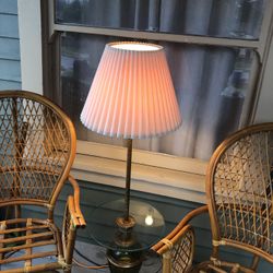 Classic 70s Glass and Pottery Console Table Pole Lamp (Rattan Chairs sold Separately):