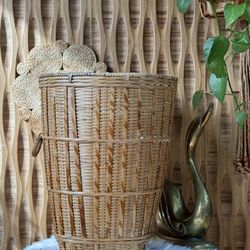 Vintage Woven Bamboo Rattan Wicker Lined Tall Basket Plant Pot Cover Storage Wastebasket Hamper Boho