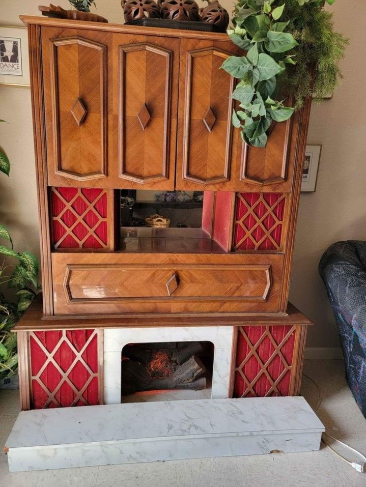 Antique mid century record player bar cabinet