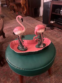Serious Inquiries Only; Vintage Midcentury Maddux of California Pink Flamingo w/Tropical Pond Set: