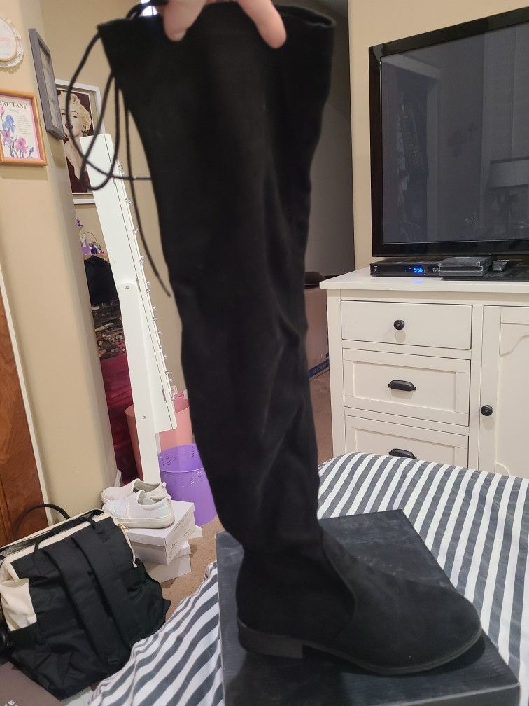 Black Velvet Thigh High Flat Boots