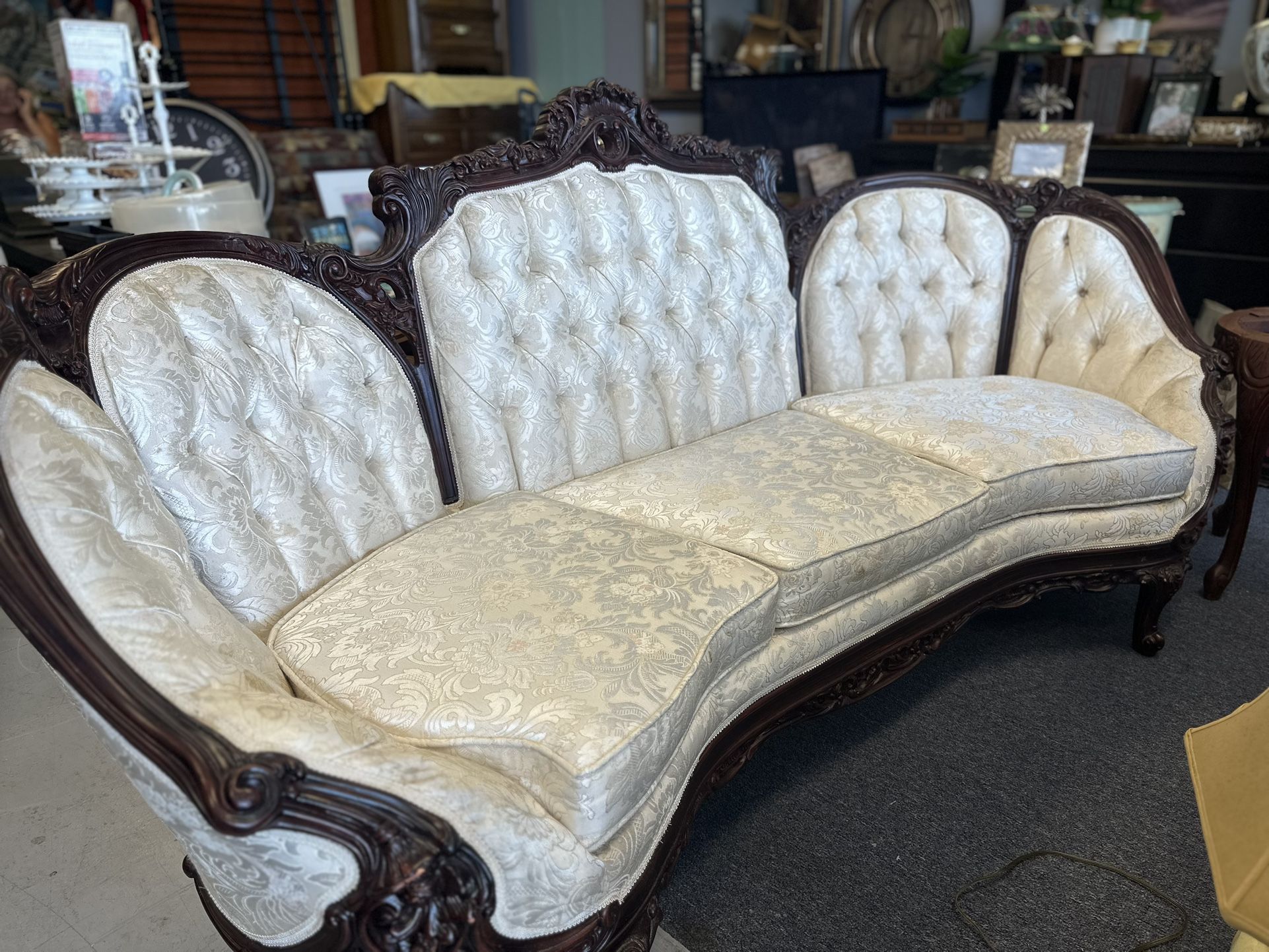 Victorian Style Coach, Louis XVI, white fabric/wood sofa