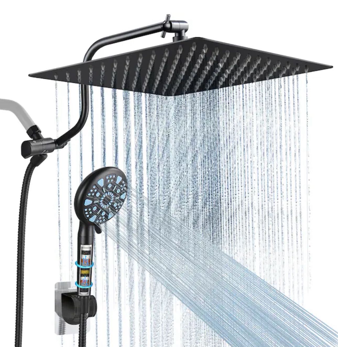 Cobbe 9-Spray Black 12-in Round Rain Filtered High Pressure Shower Head with Handheld Combo 1.8 GPM NINE