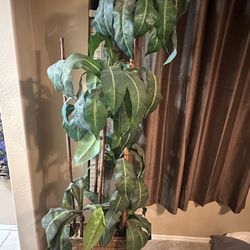Faux Tropical Bamboo Leafy Plant W/wicker Basket Stand 7ft Tall