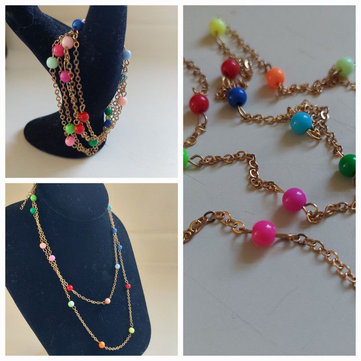 Multi-Colored Beaded Gold Chain Link Necklace Anklet Bracelet Wrap. A funky retro fun statement! New. Opened only for photographing. Makes a great
