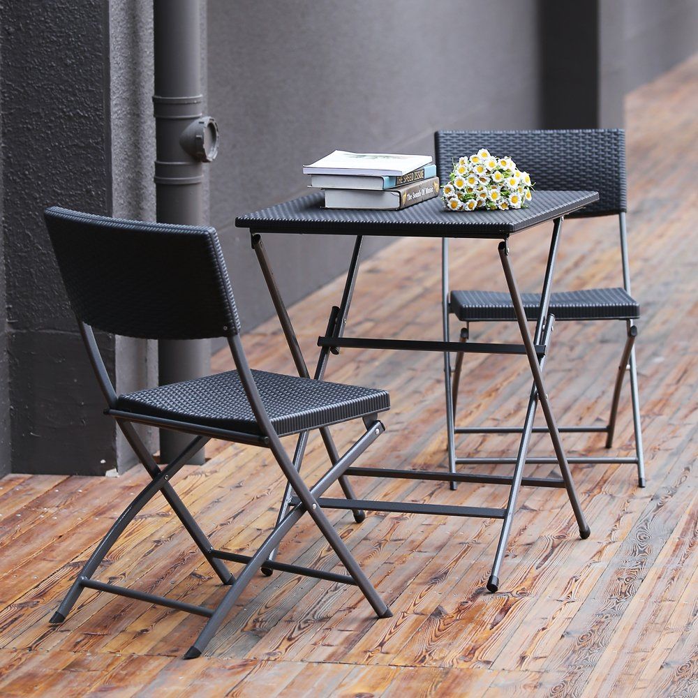 Resin Outdoor Garden Furniture Set , 2 Chairs and 1 Folding Coffee Table , Black Balcony Set , for Courtyard , Garden and Outdoor , Easy to Clean