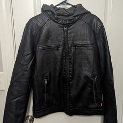 Levis Hooded Leather Jacket Black Mens S