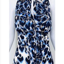 Roberto Cavalli 2000s Vintage Size 42 / US 6 Blue Leopard Silk Sleeveless Ruffle Blouse  