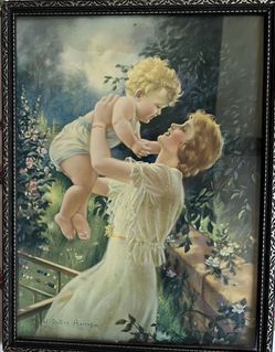 Vintage 1945 Mabel Rollins Harris Framed Lithograph Print "His One Little Sweet" - Mother & Baby