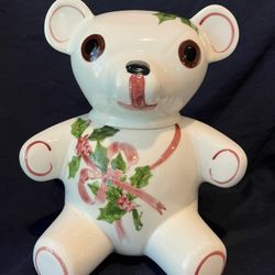 Vintage Christmas Bear With Holly Cookie Jar N.S. Gustin