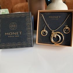 Gold Set Of Monet Pendant And Earrings 