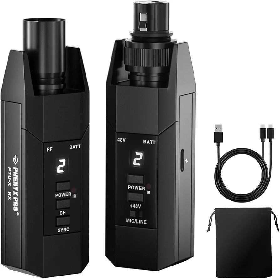 Phenyx Pro Plug-on XLR Wireless Transmitter Receiver System, Wired-to-Wireless Microphone System w/ 16 UHF Frequencies, XLR Microphone Adapter for Bot