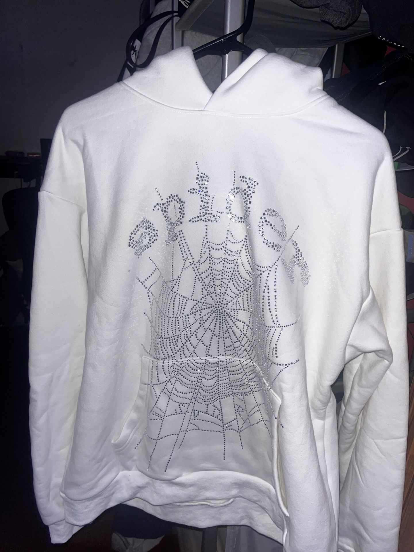 Auténtica Sudadera Sp5der Spider Web White Rhinestone Hoodie Talla