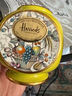 Vintage Harrods Carlton Ware Yellow Ginger Jar with Bird and Fruit Motif - Approx 5”   Elegant ceramic ginger jar is a vibrant yellow with gold-toned 