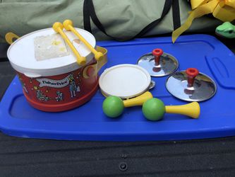 Vintage 1979 Fisher Price Marching Band Set, Child’s Musical Instruments, drum, tambourines, maracas