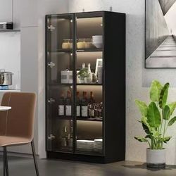 Black Wood Display Cabinet With Tempered Glass Doors and 3-Color LED Lights(KF020275US-01ZX-001)