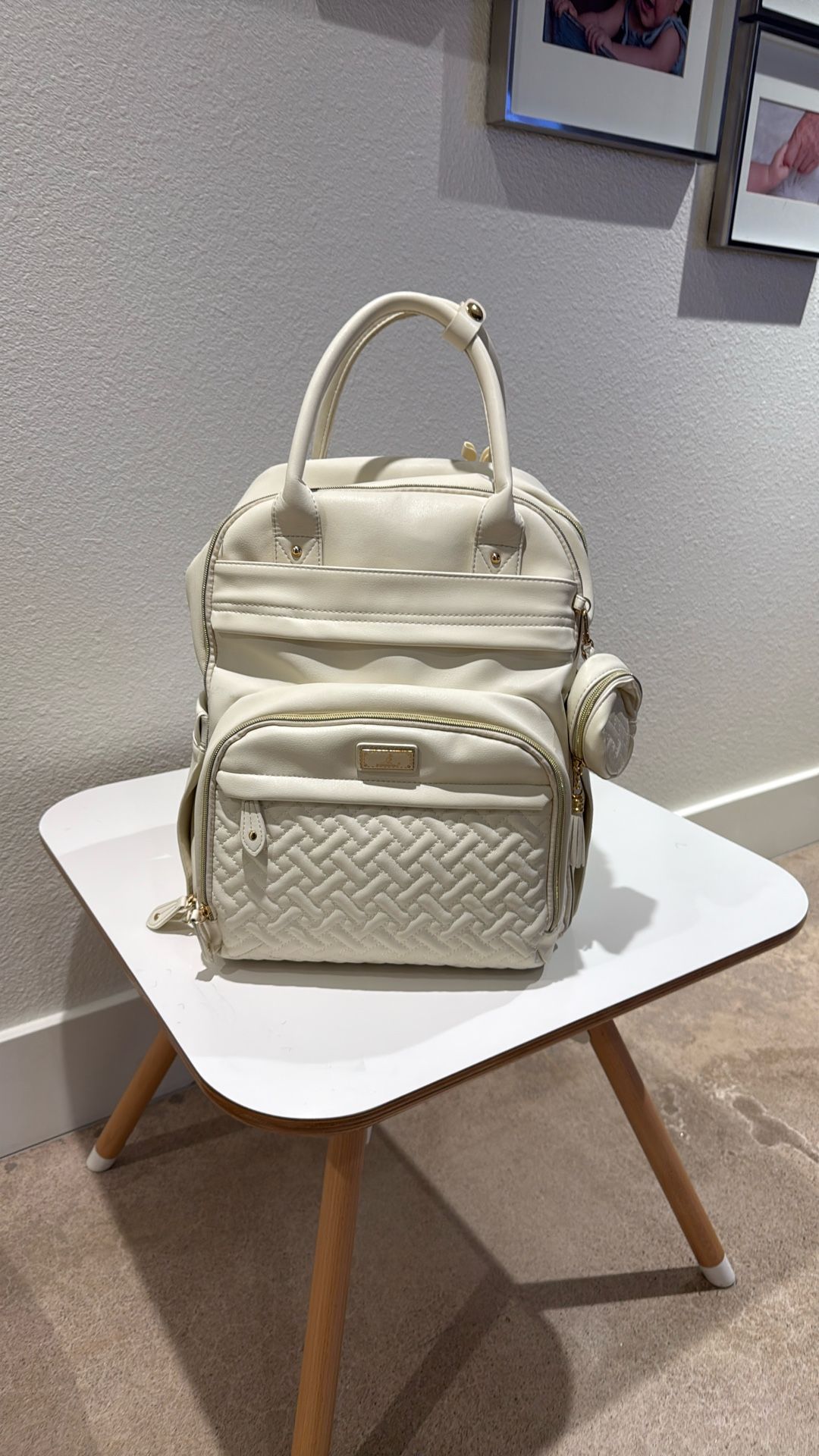 Diaper Backpack Vegan Leather White BabbleRoo Brand