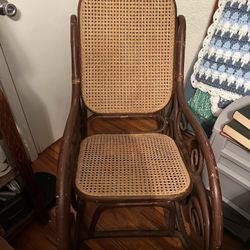 Vintage 70s rattan wooden scroll rocking chair.  True Vintage.