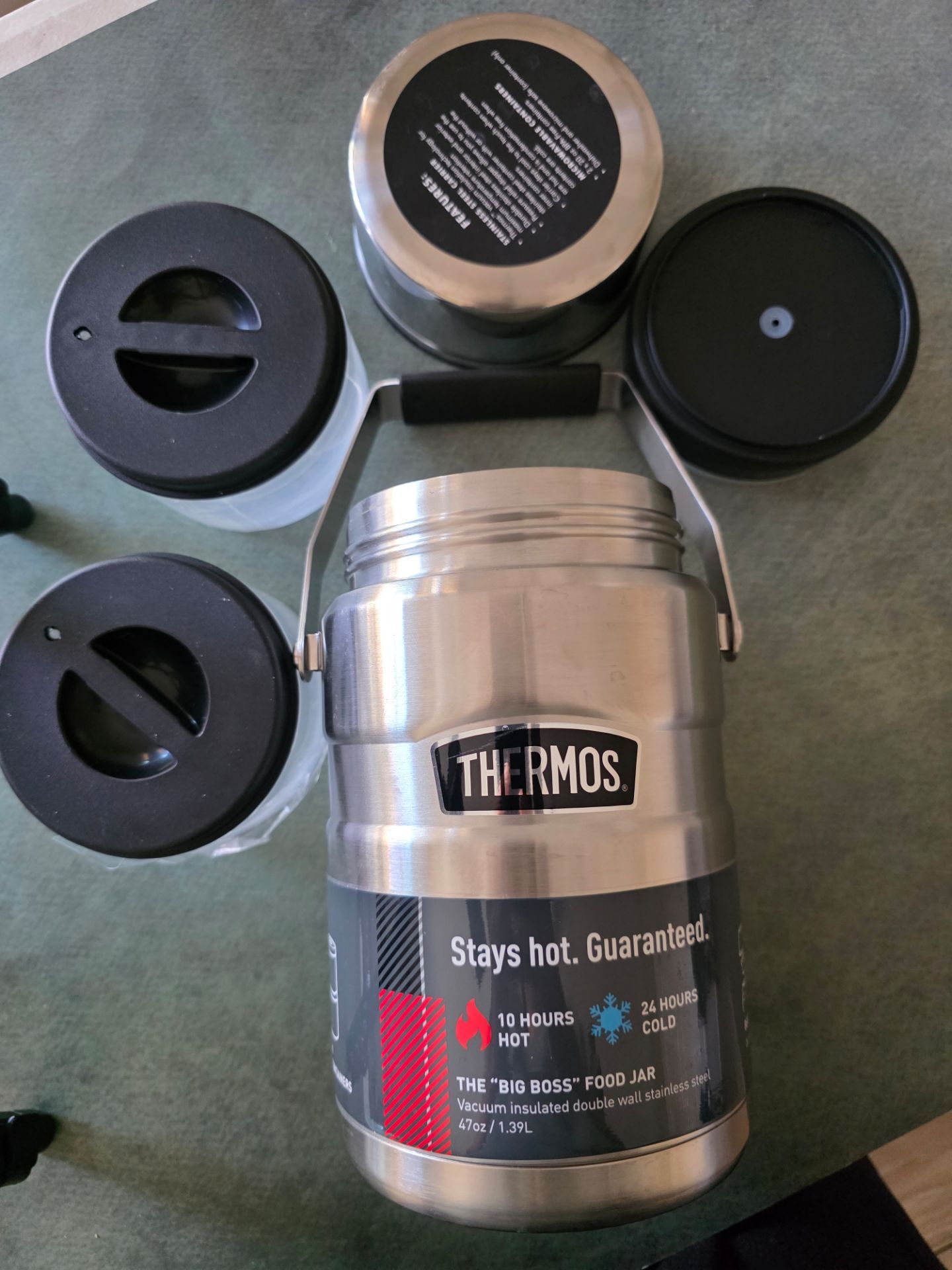 THERMOS Stainless King Vacuum-Insulated Food Jar with 2 Storage Container Inserts, 47 Ounce, Matte Stainless Steel